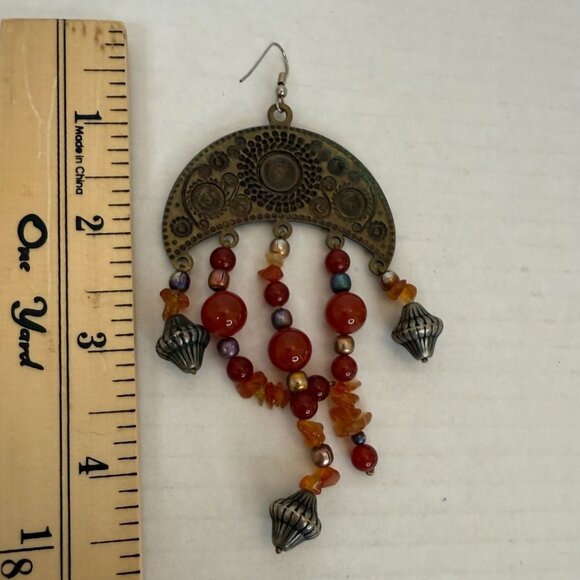 Women Bohemian Dangle Earrings With Red Beads & Antique Gold Accents Y2K Hippie - Picture 3 of 3